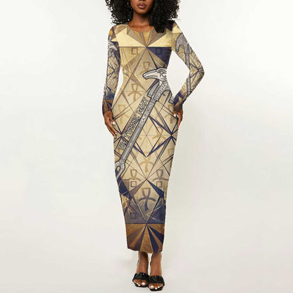 Suty Long Sleeve Bodycon Dress with Typhonic Beast Staff Ancient Egypt Symbolism