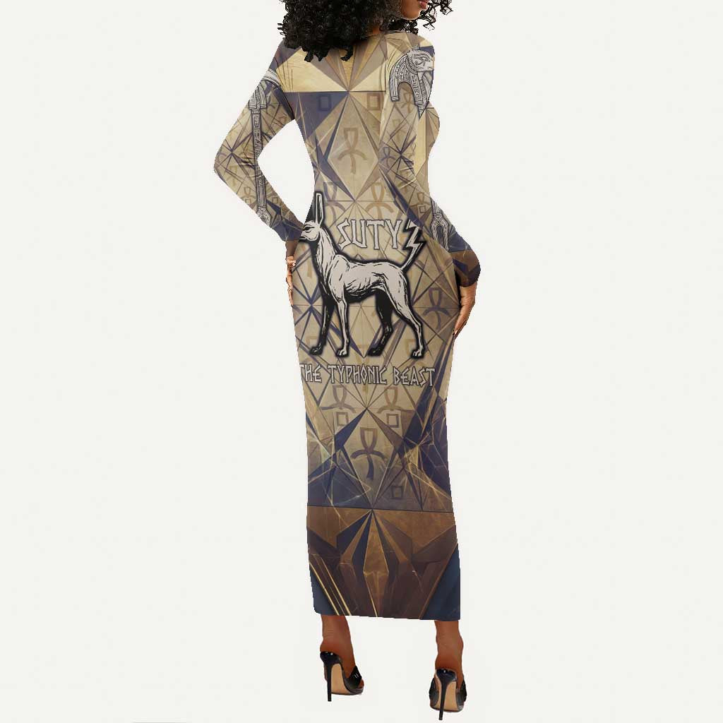 Suty Long Sleeve Bodycon Dress with Typhonic Beast Staff Ancient Egypt Symbolism