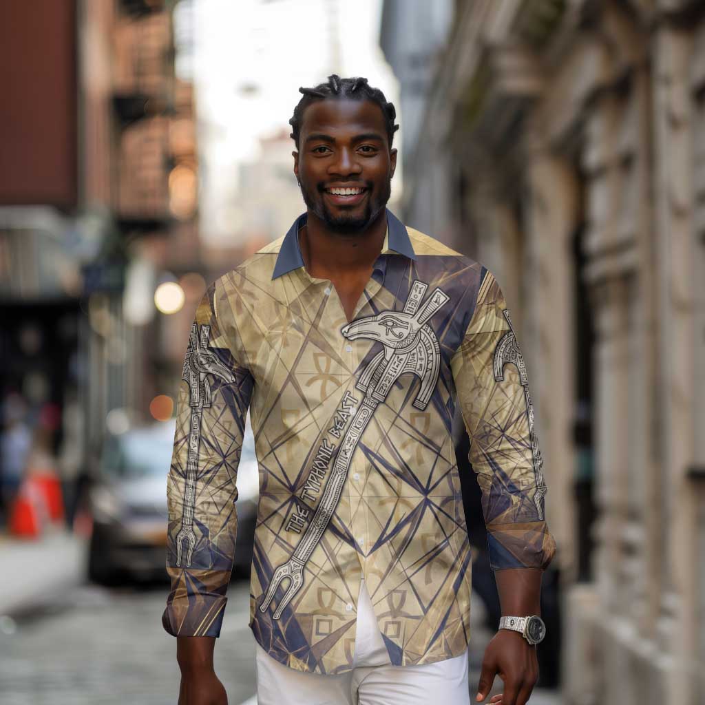 Suty Long Sleeve Button Shirt with Typhonic Beast Staff Ancient Egypt Symbolism