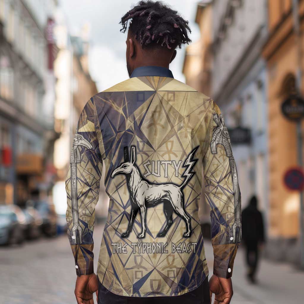 Suty Long Sleeve Button Shirt with Typhonic Beast Staff Ancient Egypt Symbolism