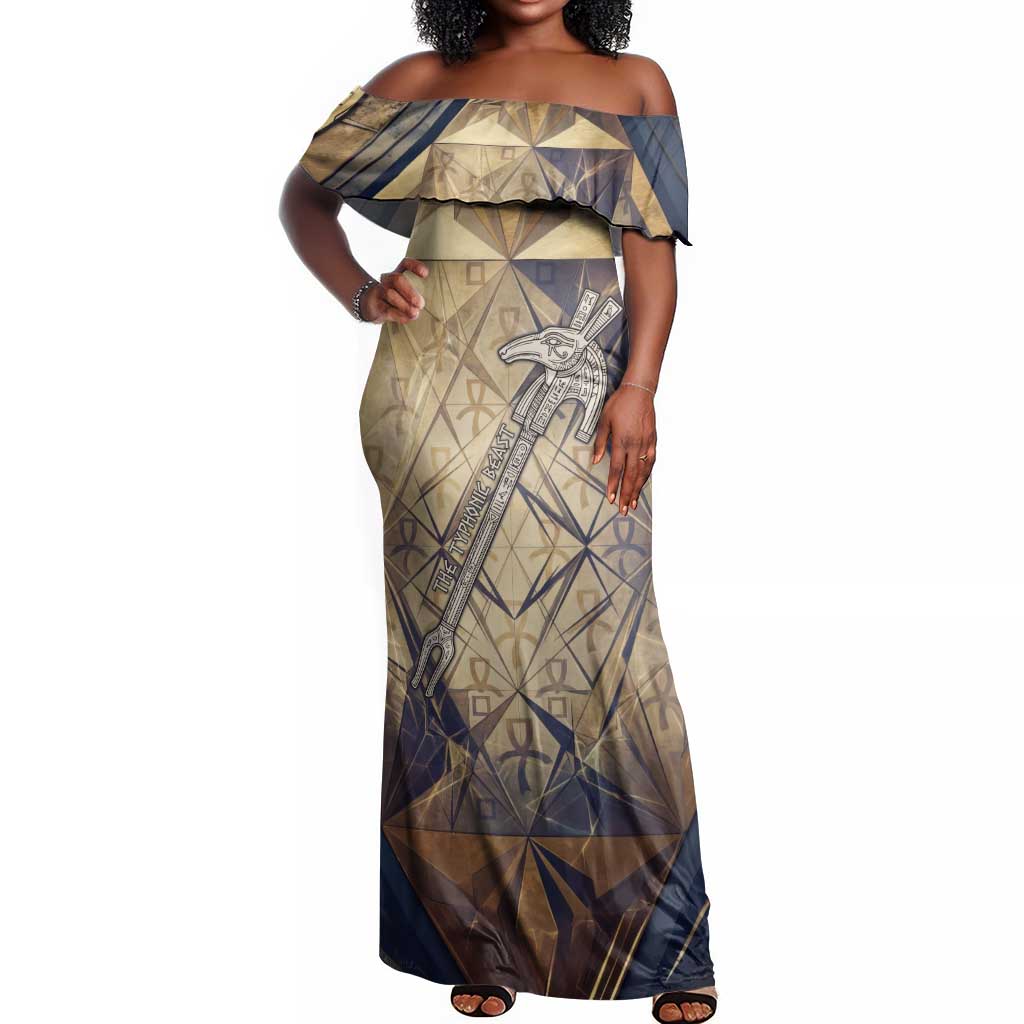 Suty Off Shoulder Maxi Dress with Typhonic Beast Staff Ancient Egypt Symbolism