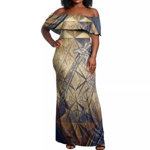 Suty Off Shoulder Maxi Dress with Typhonic Beast Staff Ancient Egypt Symbolism
