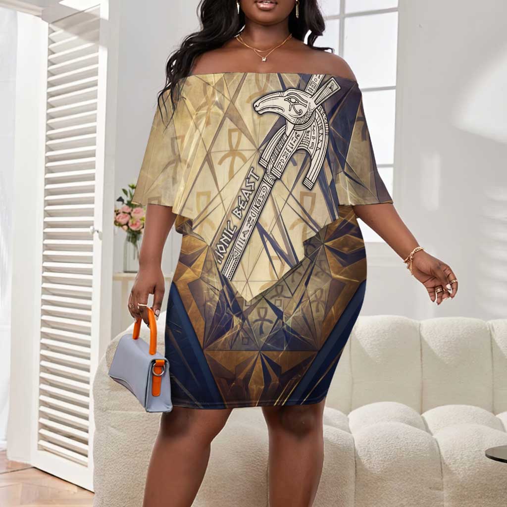 Suty Off Shoulder Short Dress with Typhonic Beast Staff Ancient Egypt Symbolism