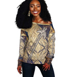 Suty Off Shoulder Sweater with Typhonic Beast Staff Ancient Egypt Symbolism