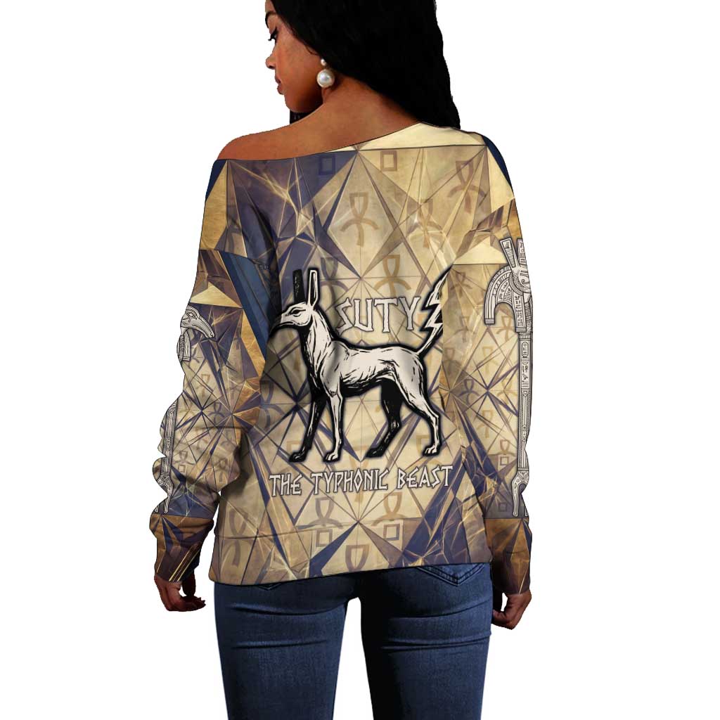 Suty Off Shoulder Sweater with Typhonic Beast Staff Ancient Egypt Symbolism