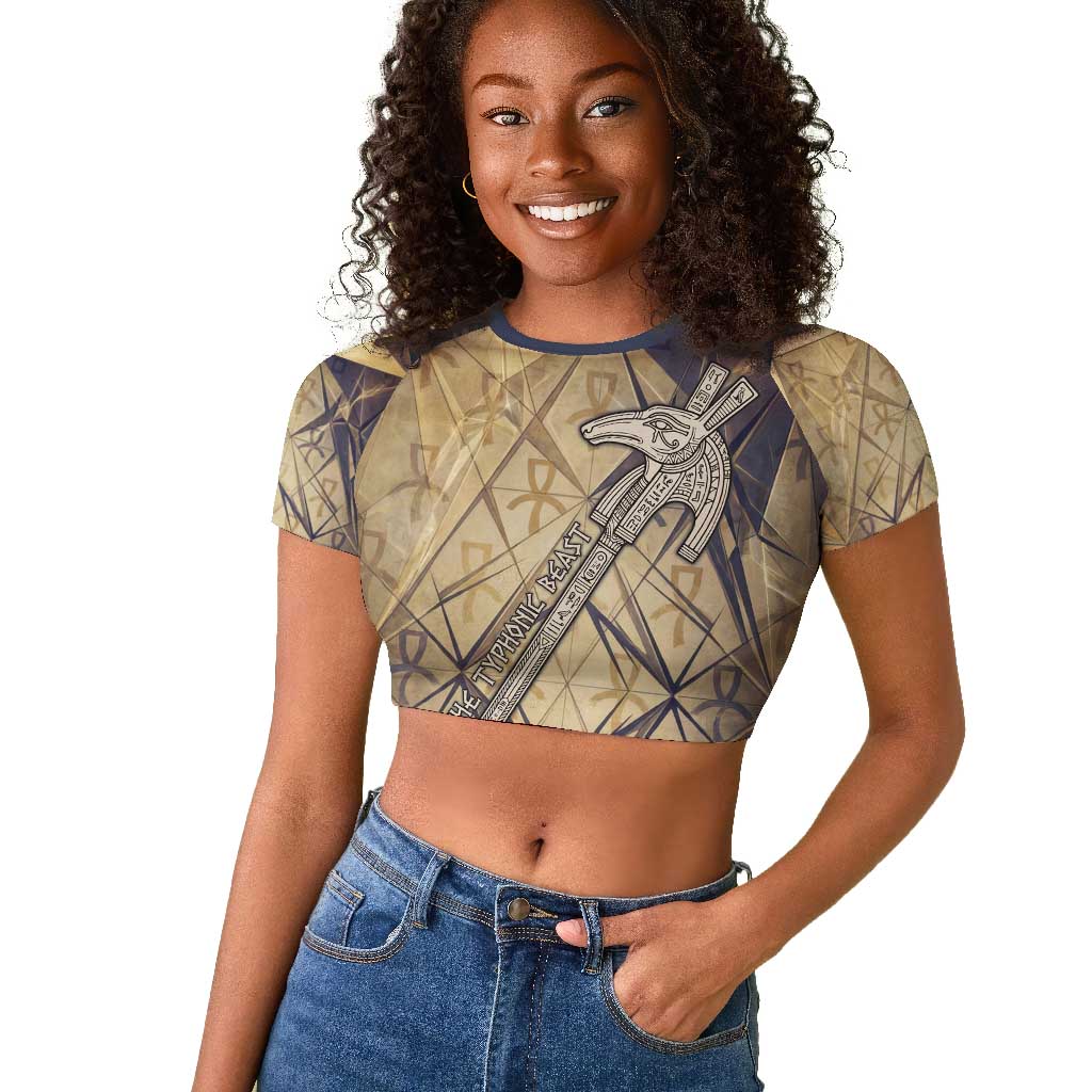 Suty Raglan Cropped T shirt with Typhonic Beast Staff Ancient Egypt Symbolism