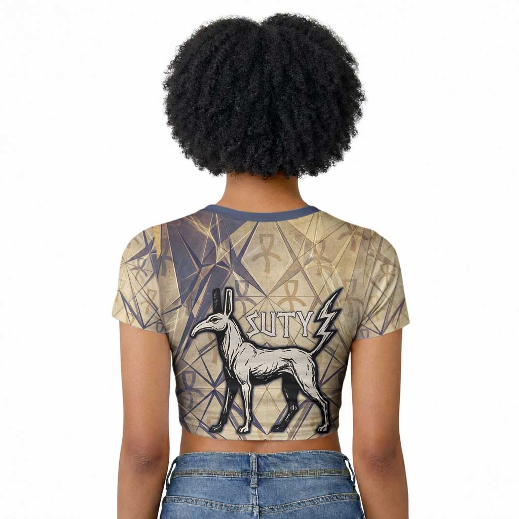 Suty Raglan Cropped T shirt with Typhonic Beast Staff Ancient Egypt Symbolism