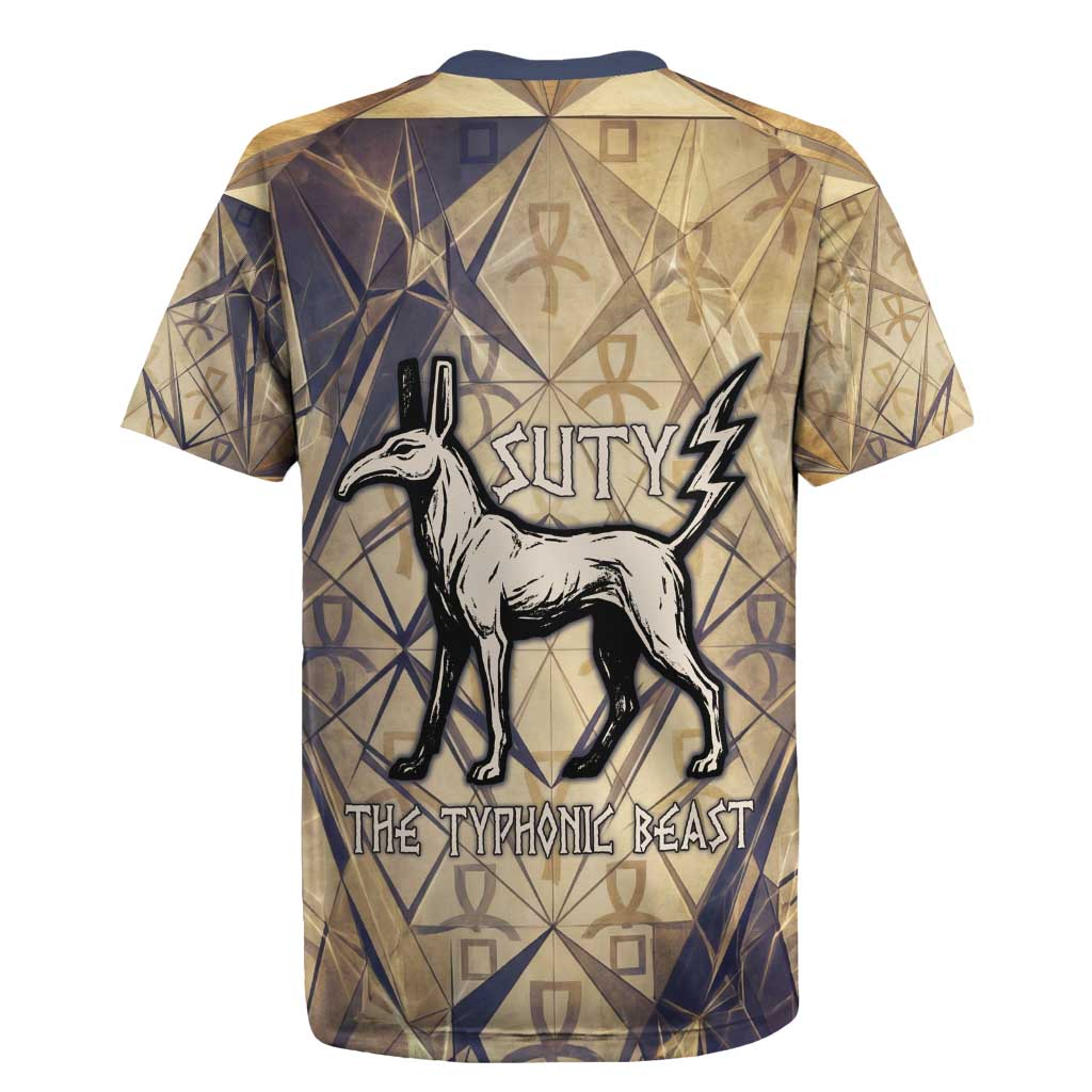 Suty Rugby Jersey with Typhonic Beast Staff Ancient Egypt Symbolism