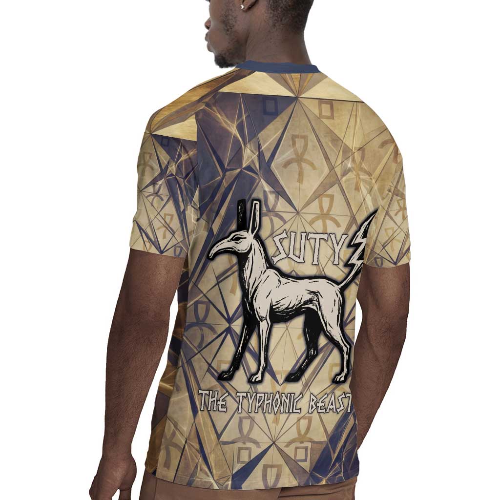 Suty Rugby Jersey with Typhonic Beast Staff Ancient Egypt Symbolism
