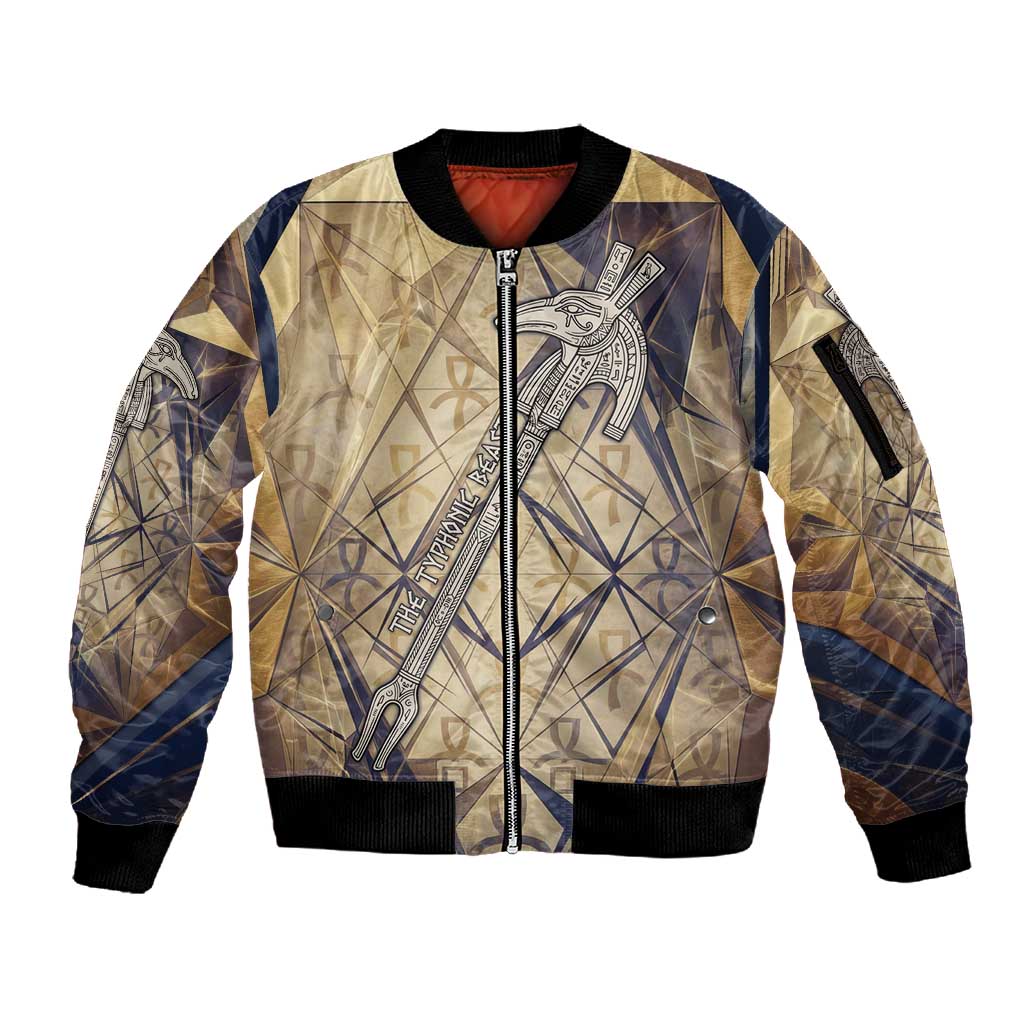 Suty Sleeve Zip Bomber Jacket with Typhonic Beast Staff Ancient Egypt Symbolism