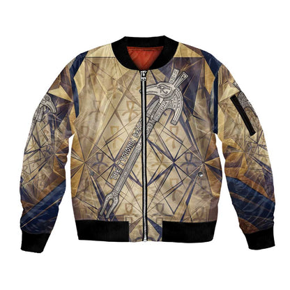 Suty Sleeve Zip Bomber Jacket with Typhonic Beast Staff Ancient Egypt Symbolism