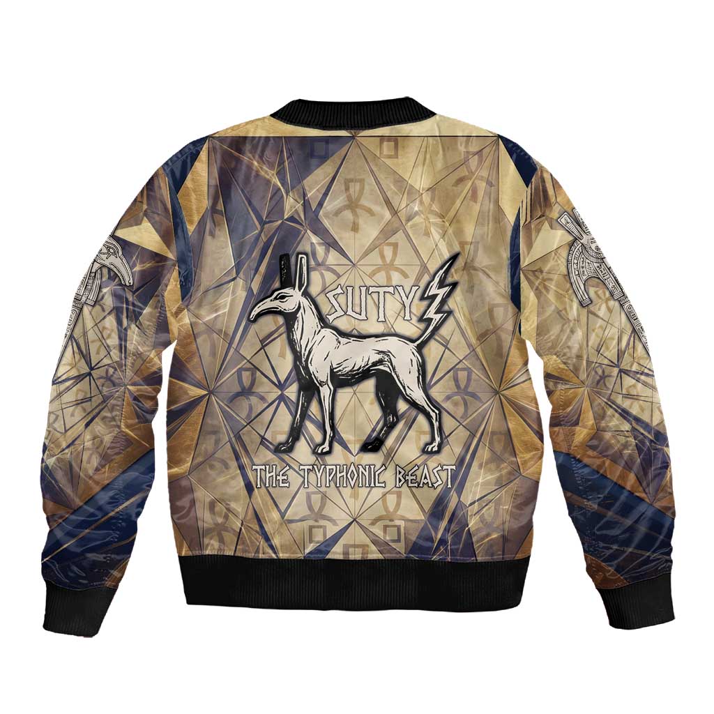 Suty Sleeve Zip Bomber Jacket with Typhonic Beast Staff Ancient Egypt Symbolism