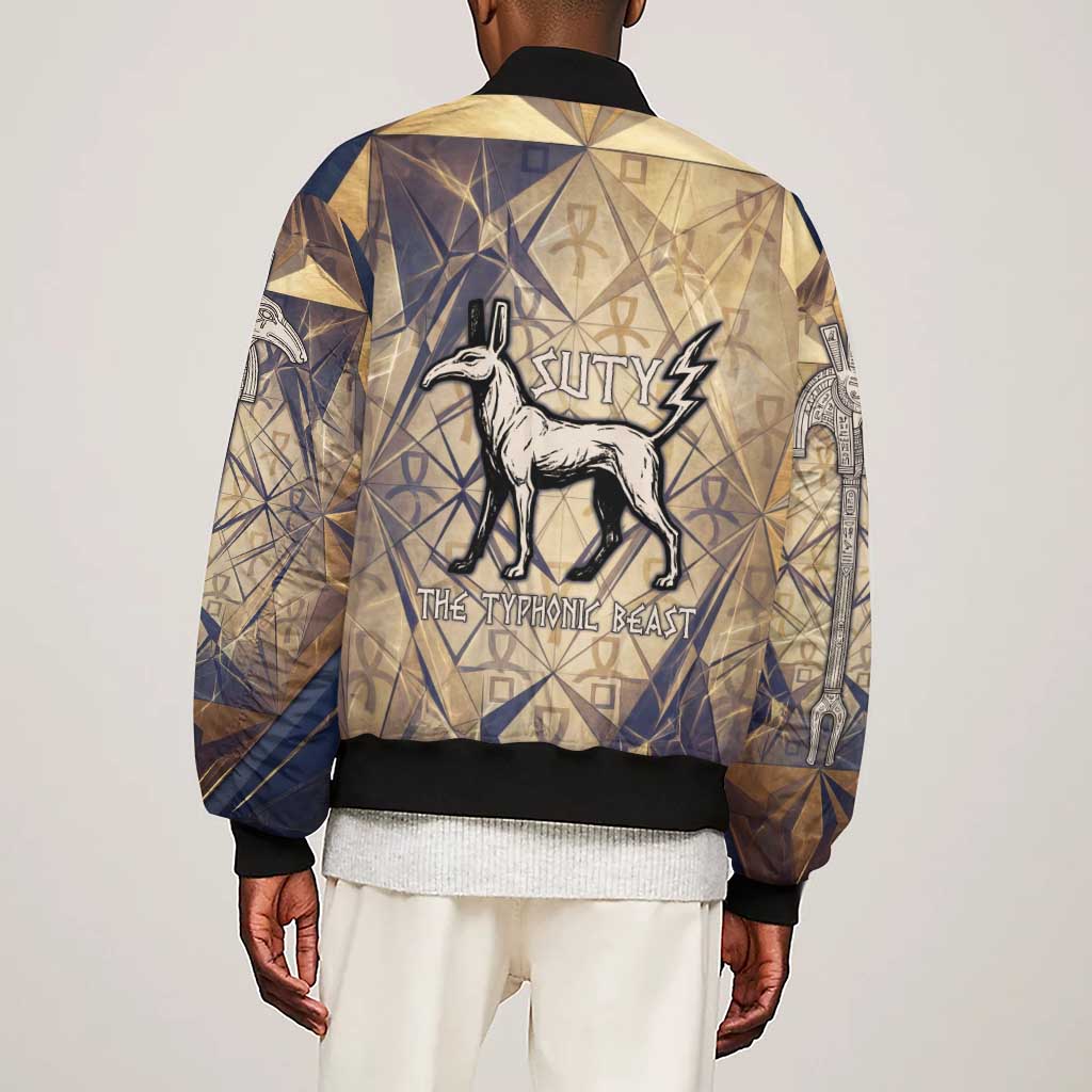 Suty Sleeve Zip Bomber Jacket with Typhonic Beast Staff Ancient Egypt Symbolism