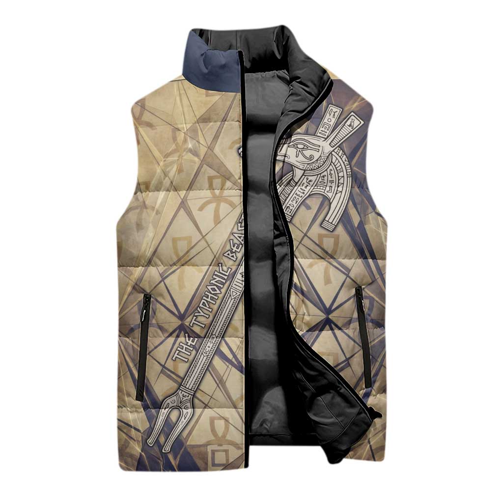 Suty Sleeveless Puffer Jacket with Typhonic Beast Staff Ancient Egypt Symbolism