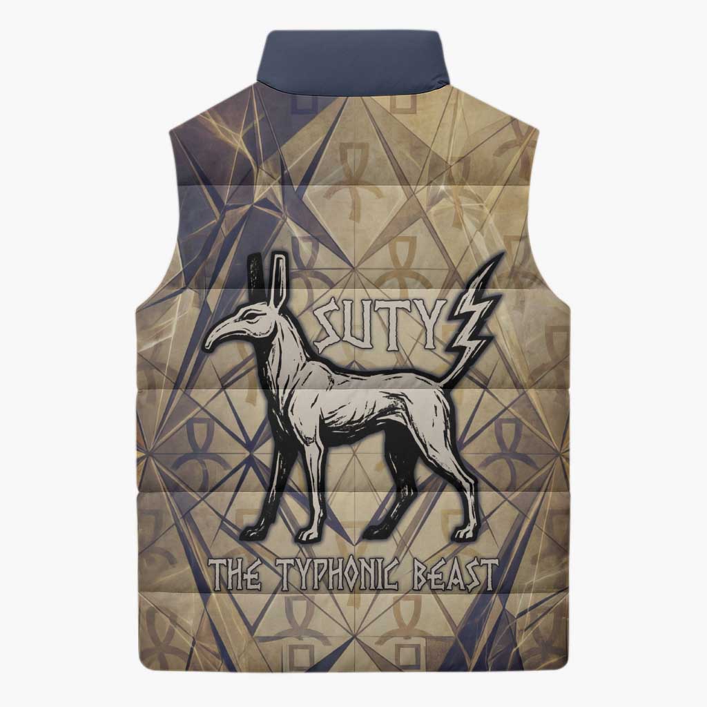 Suty Sleeveless Puffer Jacket with Typhonic Beast Staff Ancient Egypt Symbolism