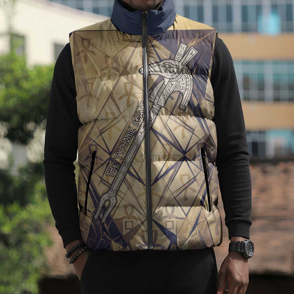 Suty Sleeveless Puffer Jacket with Typhonic Beast Staff Ancient Egypt Symbolism