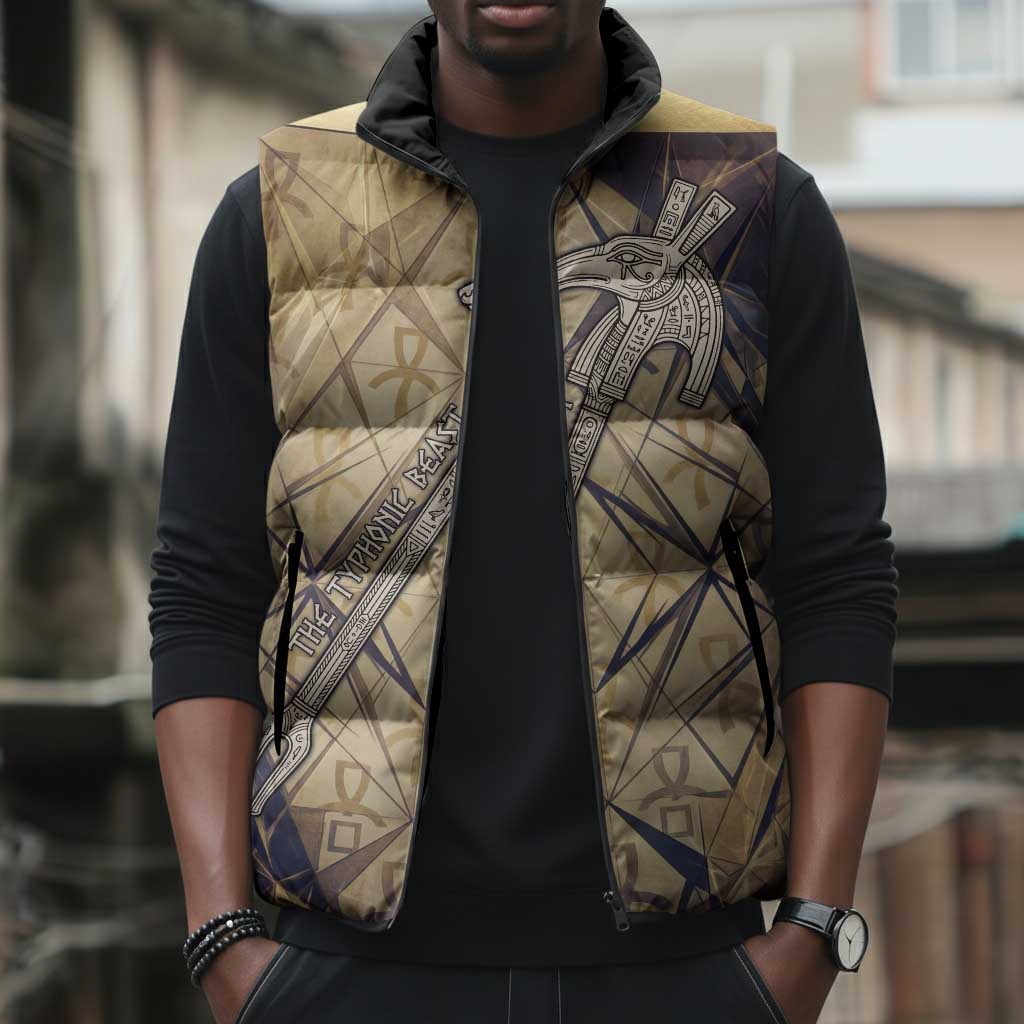 Suty Sleeveless Puffer Jacket with Typhonic Beast Staff Ancient Egypt Symbolism