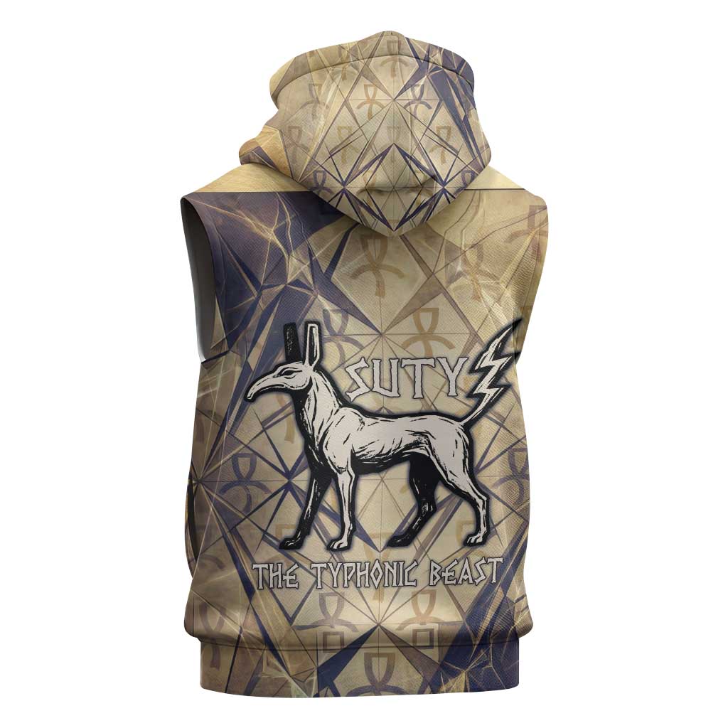 Suty Sleeveless Zip Hoodie with Typhonic Beast Staff Ancient Egypt Symbolism