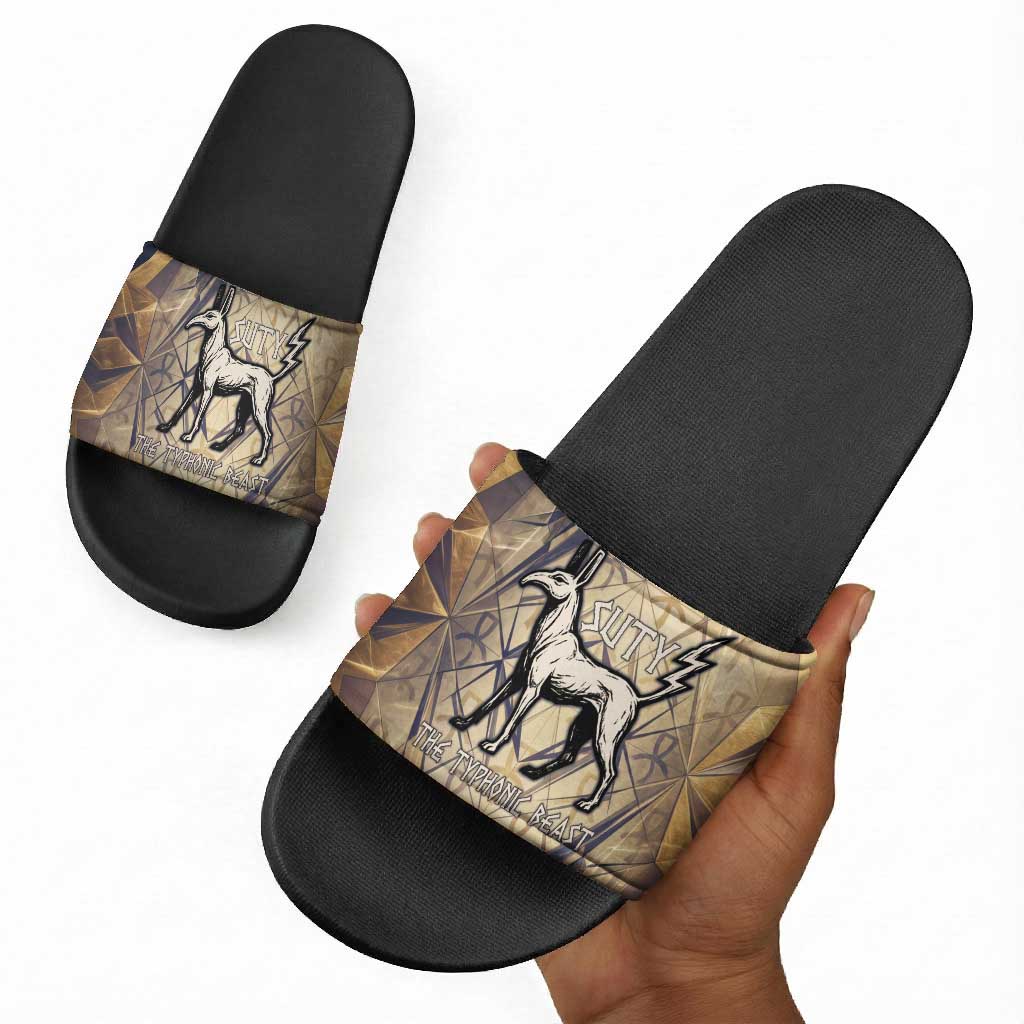 Suty Slide Sandals with Typhonic Beast Staff Ancient Egypt Symbolism