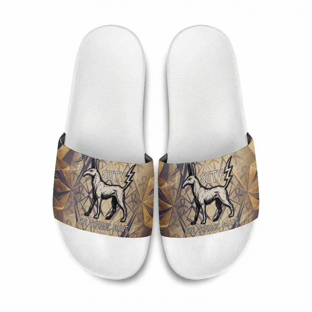 Suty Slide Sandals with Typhonic Beast Staff Ancient Egypt Symbolism