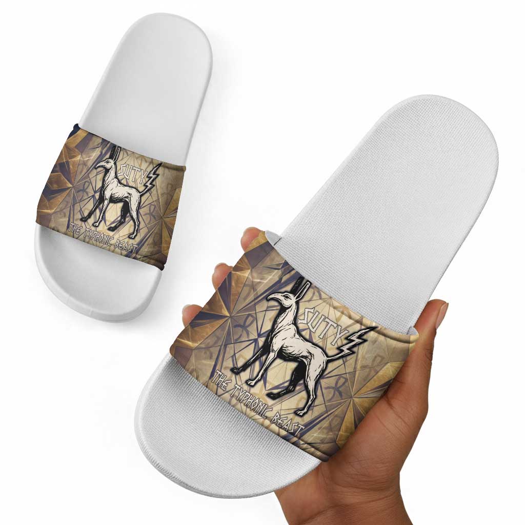 Suty Slide Sandals with Typhonic Beast Staff Ancient Egypt Symbolism