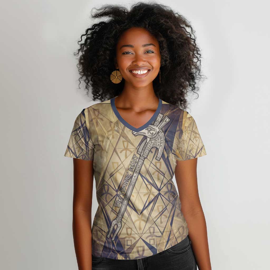 Suty Women V-Neck T-Shirt with Typhonic Beast Staff Ancient Egypt Symbolism