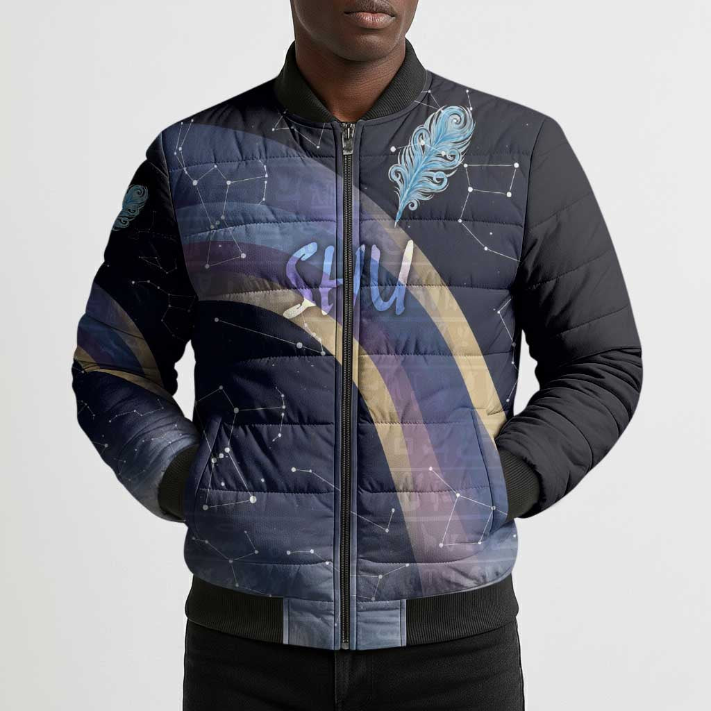 Shu Celestial Constellations Bomber Puffer Jacket Rainbow Ancient Egyptian Sky Deity Theme