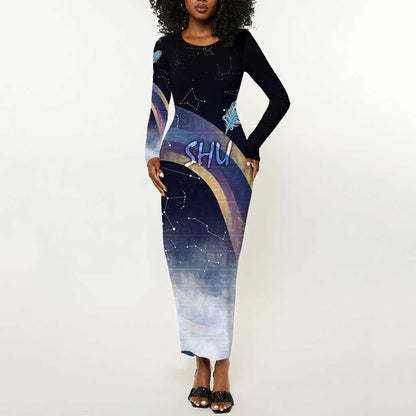 Shu Celestial Constellations Long Sleeve Bodycon Dress Rainbow Ancient Egyptian Sky Deity Theme