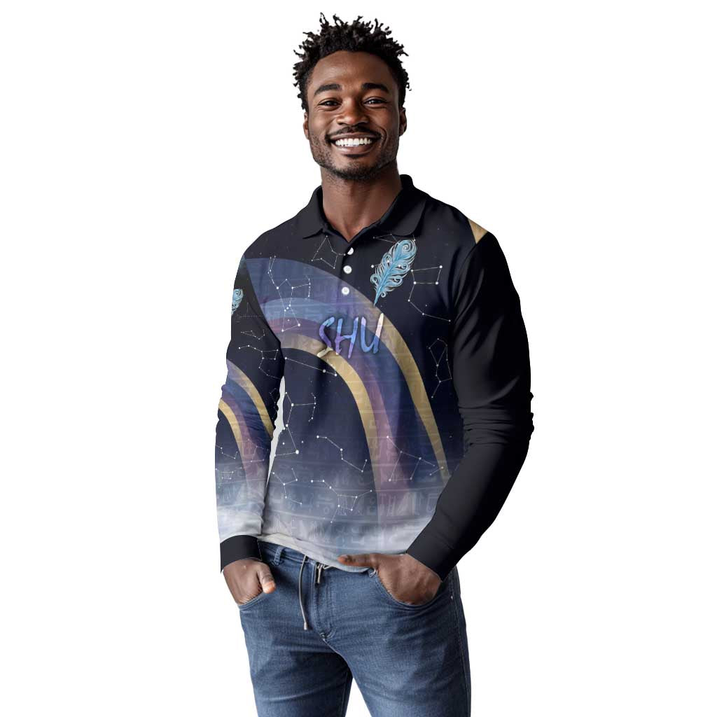 Shu Celestial Constellations Long Sleeve Polo Shirt Rainbow Ancient Egyptian Sky Deity Theme