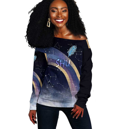 Shu Celestial Constellations Off Shoulder Sweater Rainbow Ancient Egyptian Sky Deity Theme