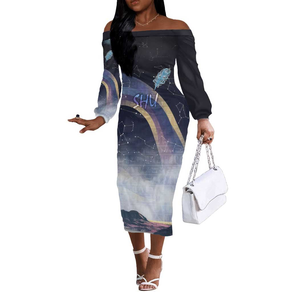 Shu Celestial Constellations Off The Shoulder Long Sleeve Dress Rainbow Ancient Egyptian Sky Deity Theme