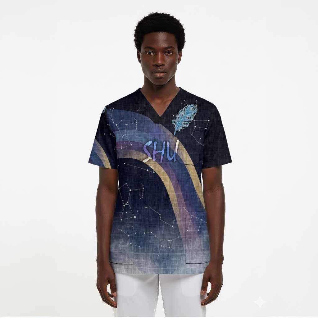 Shu Celestial Constellations Scrub Top Rainbow Ancient Egyptian Sky Deity Theme