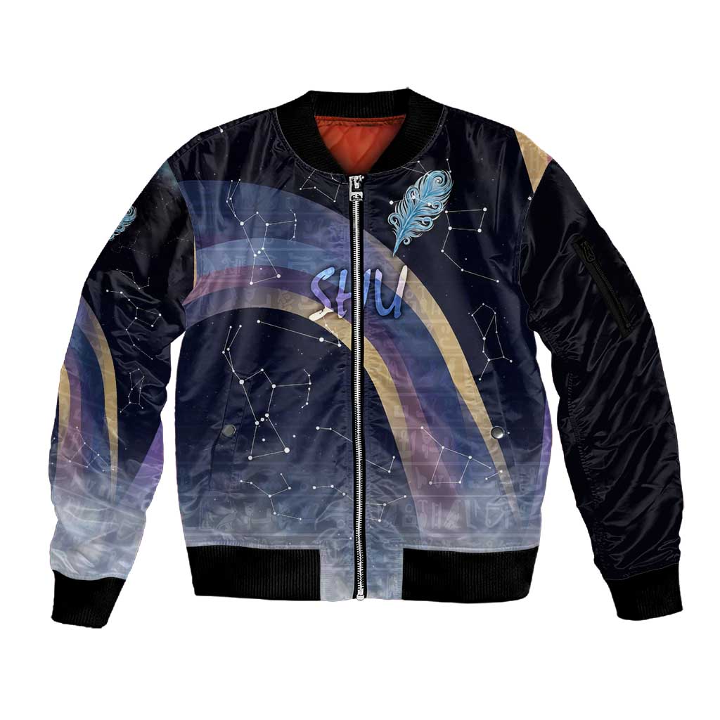 Shu Celestial Constellations Sleeve Zip Bomber Jacket Rainbow Ancient Egyptian Sky Deity Theme