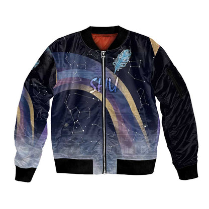 Shu Celestial Constellations Sleeve Zip Bomber Jacket Rainbow Ancient Egyptian Sky Deity Theme
