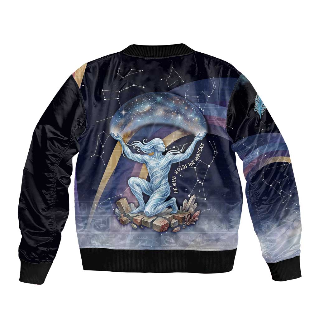 Shu Celestial Constellations Sleeve Zip Bomber Jacket Rainbow Ancient Egyptian Sky Deity Theme