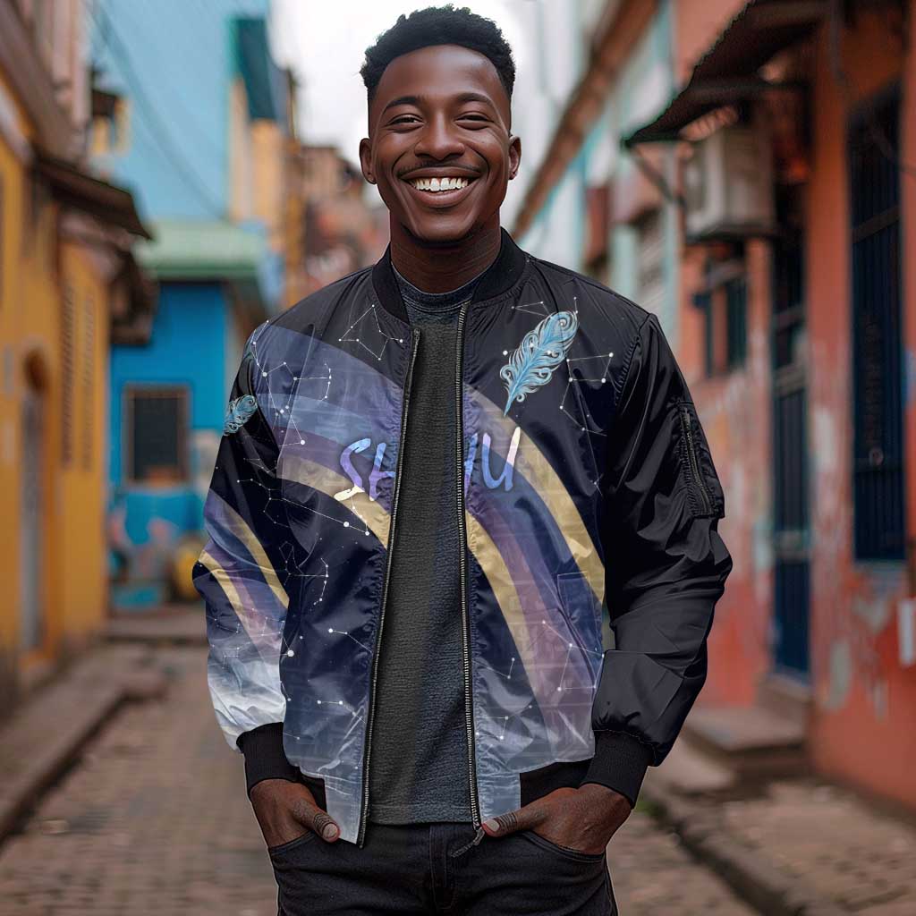 Shu Celestial Constellations Sleeve Zip Bomber Jacket Rainbow Ancient Egyptian Sky Deity Theme