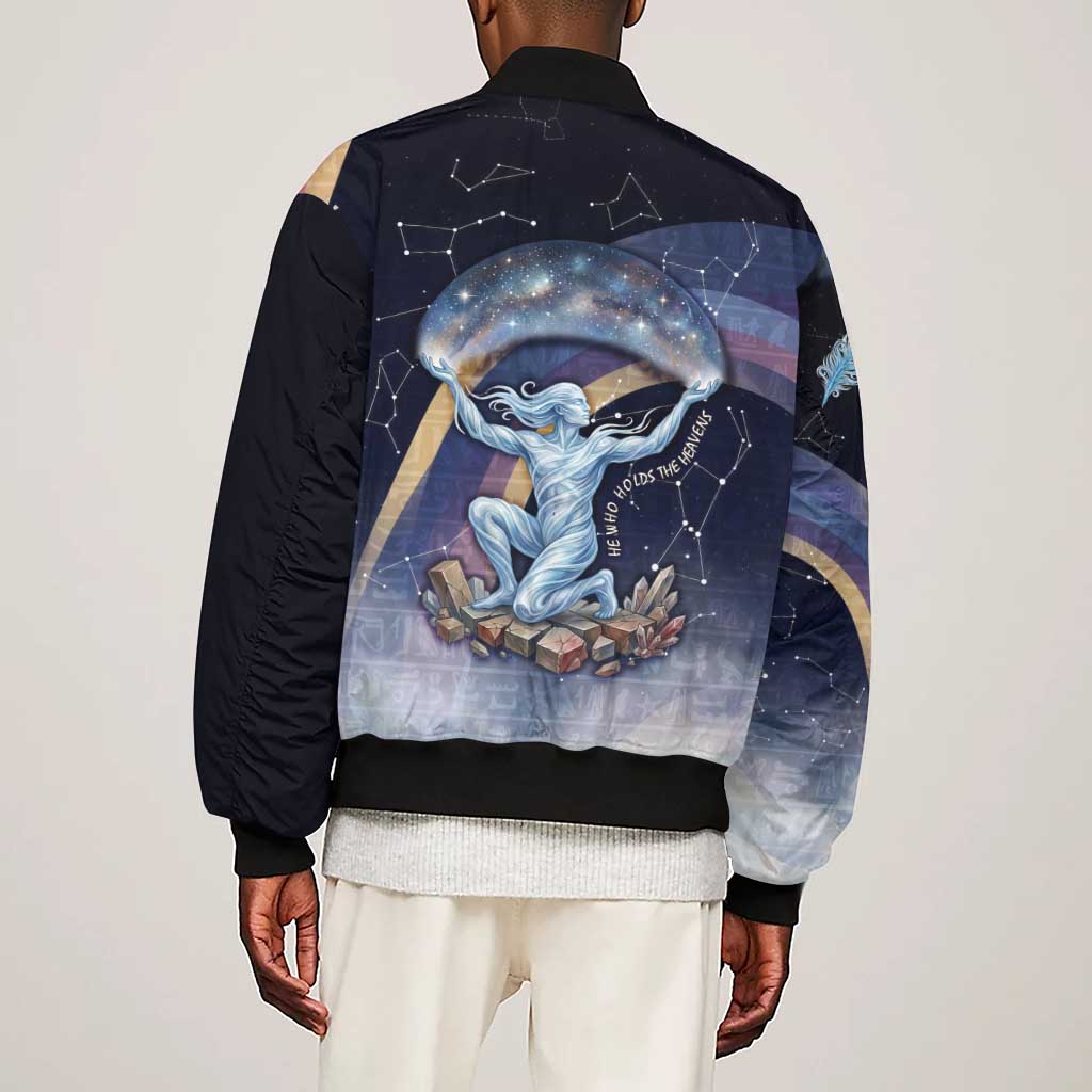 Shu Celestial Constellations Sleeve Zip Bomber Jacket Rainbow Ancient Egyptian Sky Deity Theme