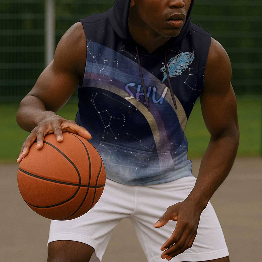Shu Celestial Constellations Sleeveless Hoodie Rainbow Ancient Egyptian Sky Deity Theme