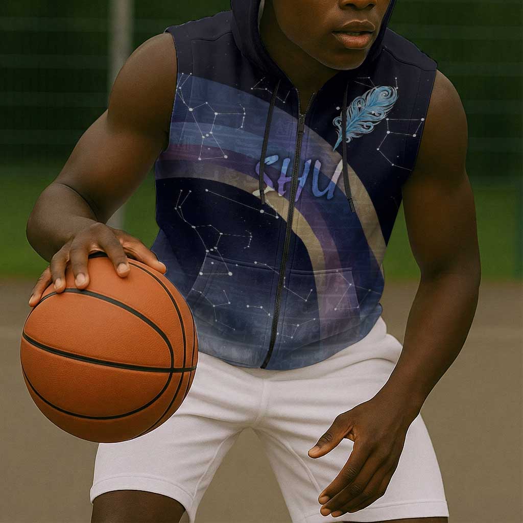 Shu Celestial Constellations Sleeveless Zip Hoodie Rainbow Ancient Egyptian Sky Deity Theme