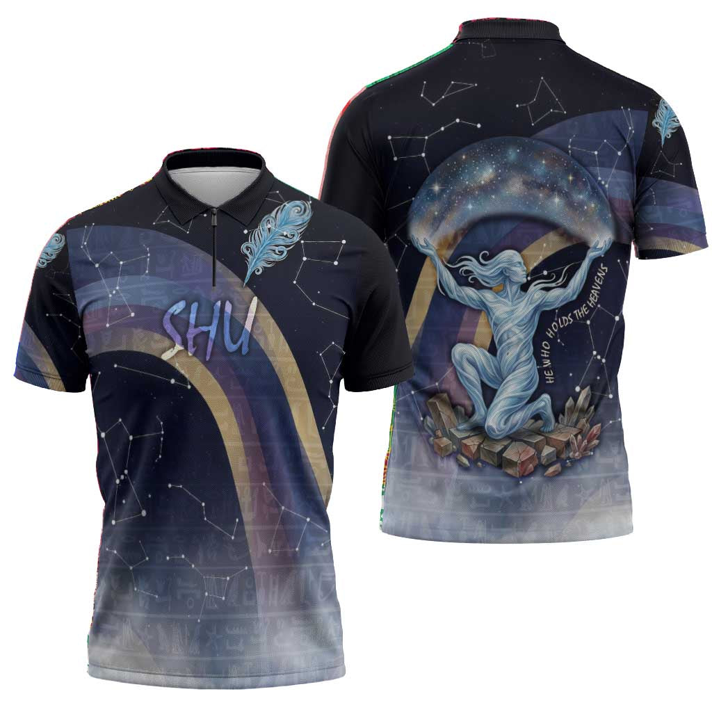 Shu Celestial Constellations Zipper Polo Shirt Rainbow Ancient Egyptian Sky Deity Theme