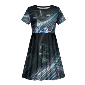 Shu Air Void Egyptian Kid Short Sleeve Dress with Storm God and Ankh Ancient Mythology