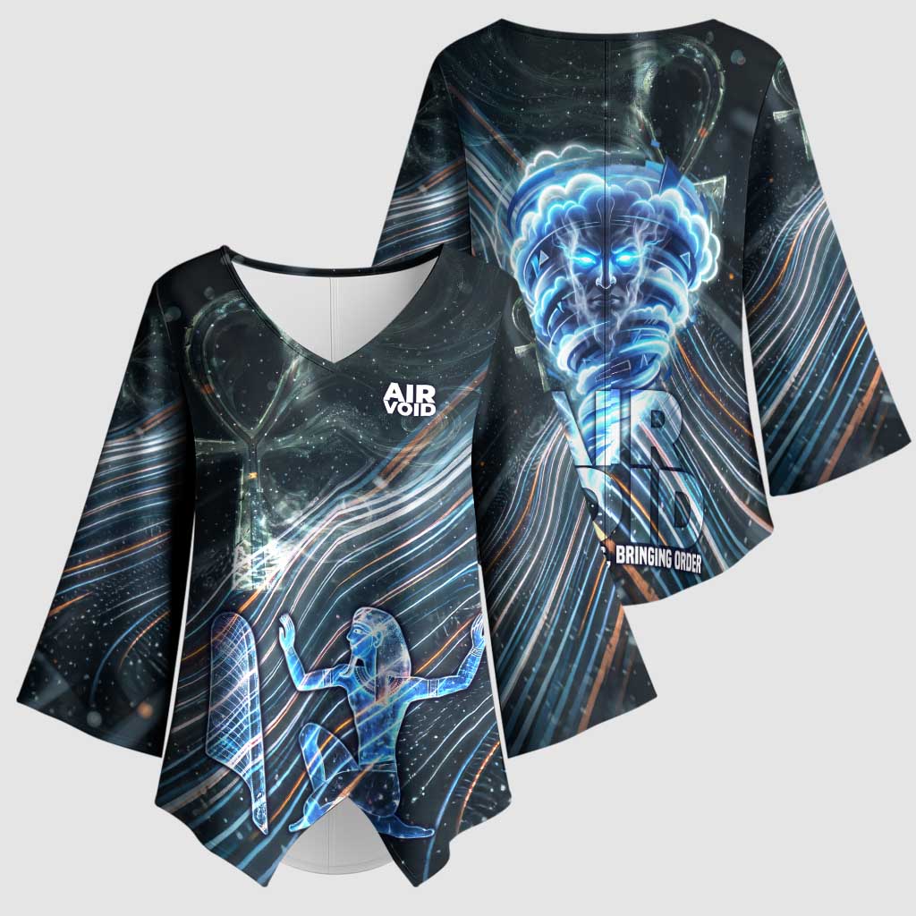 Shu Air Void Egyptian Kimono Sleeve Blouse with Storm God and Ankh Ancient Mythology