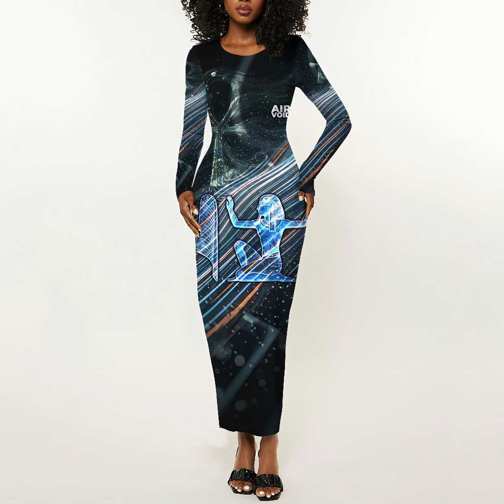 Shu Air Void Egyptian Long Sleeve Bodycon Dress with Storm God and Ankh Ancient Mythology