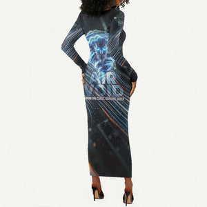 Shu Air Void Egyptian Long Sleeve Bodycon Dress with Storm God and Ankh Ancient Mythology