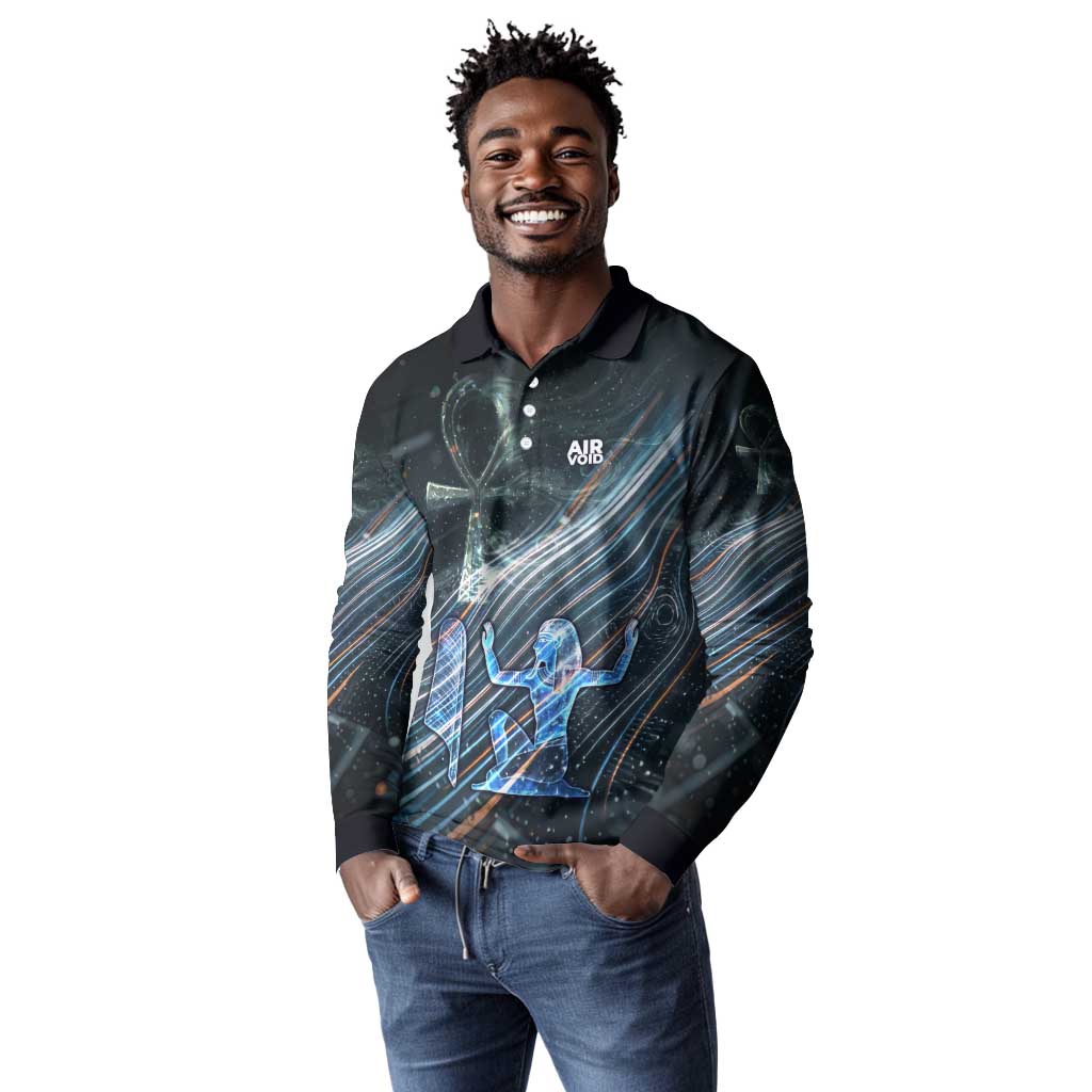 Shu Air Void Egyptian Long Sleeve Polo Shirt with Storm God and Ankh Ancient Mythology