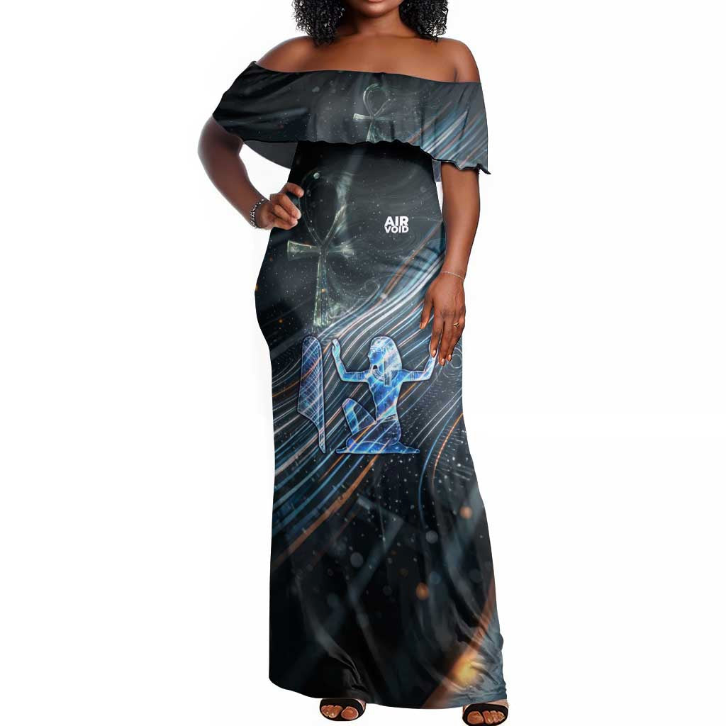 Shu Air Void Egyptian Off Shoulder Maxi Dress with Storm God and Ankh Ancient Mythology