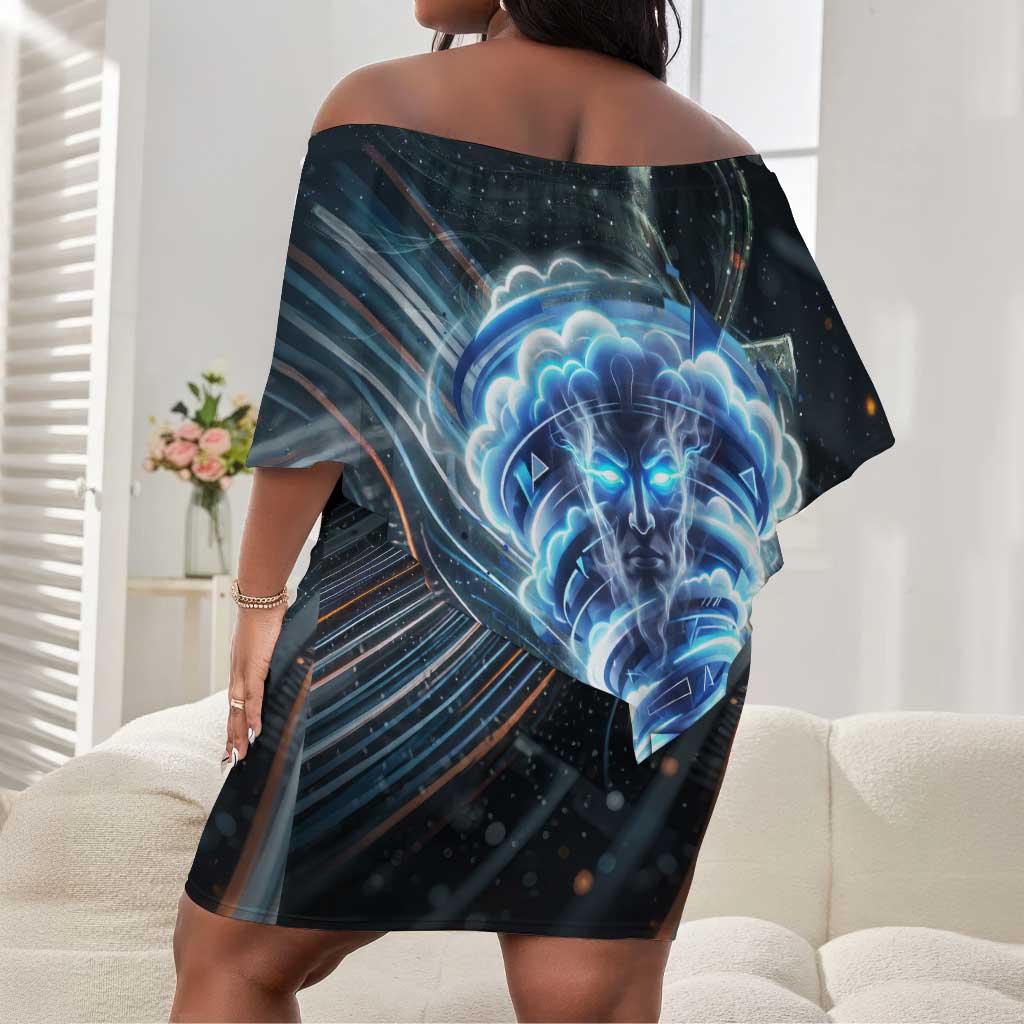 Shu Air Void Egyptian Off Shoulder Short Dress with Storm God and Ankh Ancient Mythology