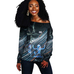 Shu Air Void Egyptian Off Shoulder Sweater with Storm God and Ankh Ancient Mythology