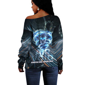 Shu Air Void Egyptian Off Shoulder Sweater with Storm God and Ankh Ancient Mythology