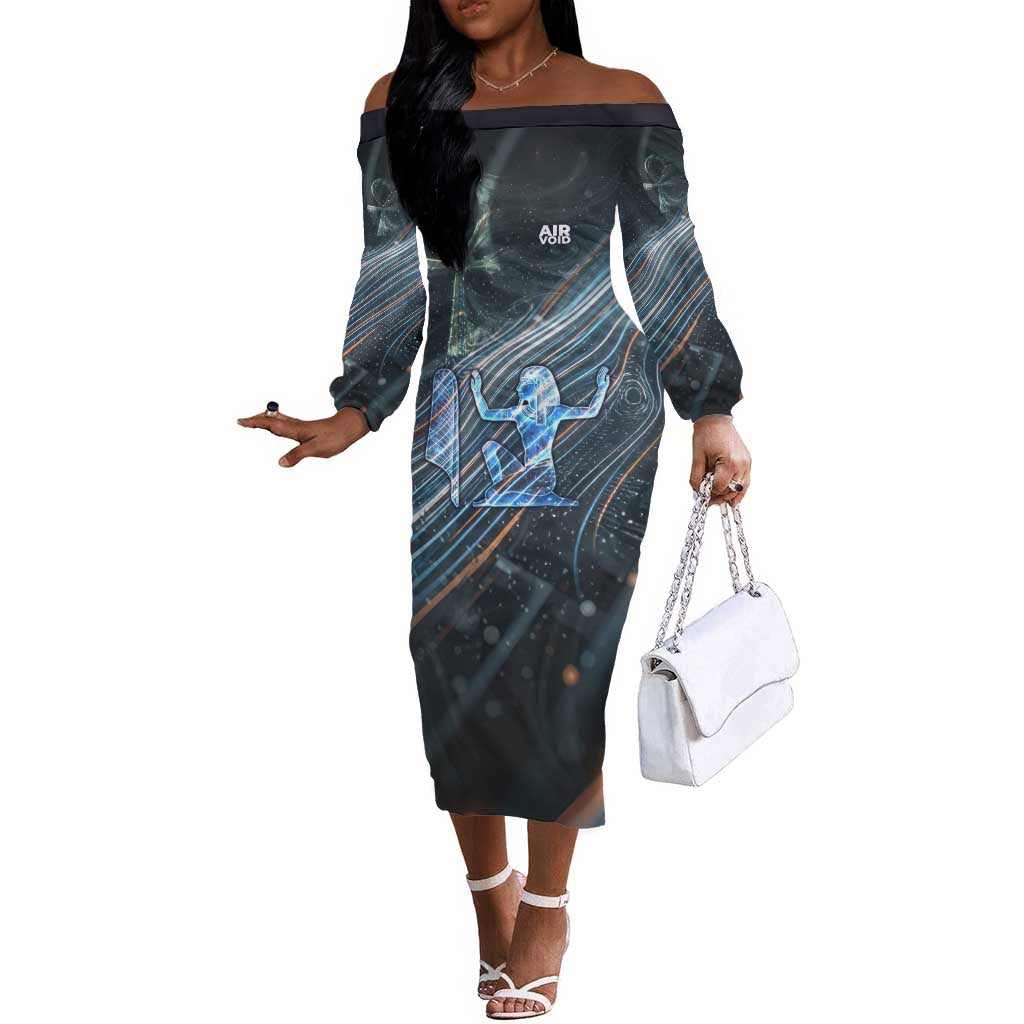 Shu Air Void Egyptian Off The Shoulder Long Sleeve Dress with Storm God and Ankh Ancient Mythology